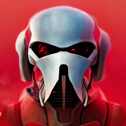 Image similar to general grievous head coming out of a red mist, trending on artstation, profile pic, centered, accurate anatomy, highly detailed, digital art,