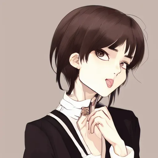 Image similar to portrait of a girl with short brown hair, wearing a white blouse and black choker, smoking a cigarette, drawn by WLOP, by Avetetsuya Studios, attractive character, colored sketch anime manga panel, unsaturated, dull colors, trending on Artstation