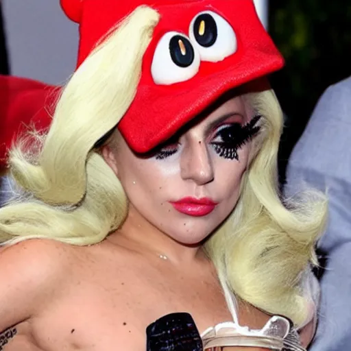 Image similar to lady gaga wearing a super mario hat