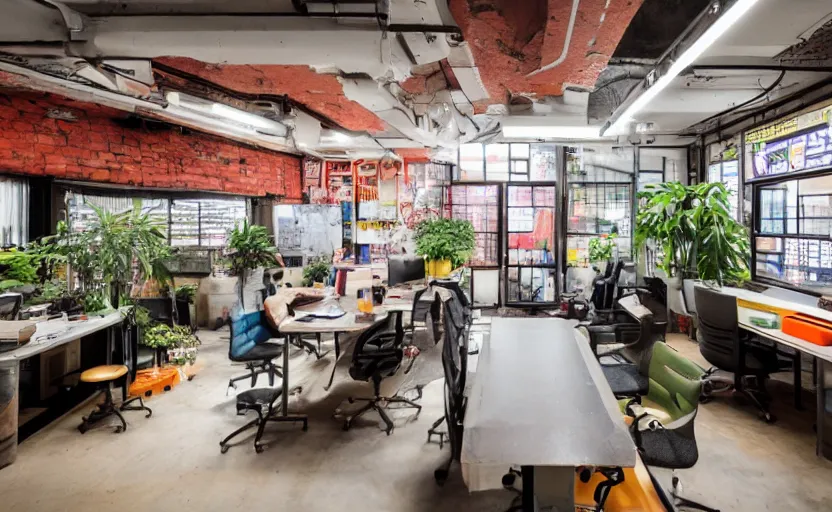 Prompt: Maximalist Japanese work space interior, multiple desks, cupboards, old brick walls, concrete, neon signs, plants, cyberpunk, large windows, Akihabara style