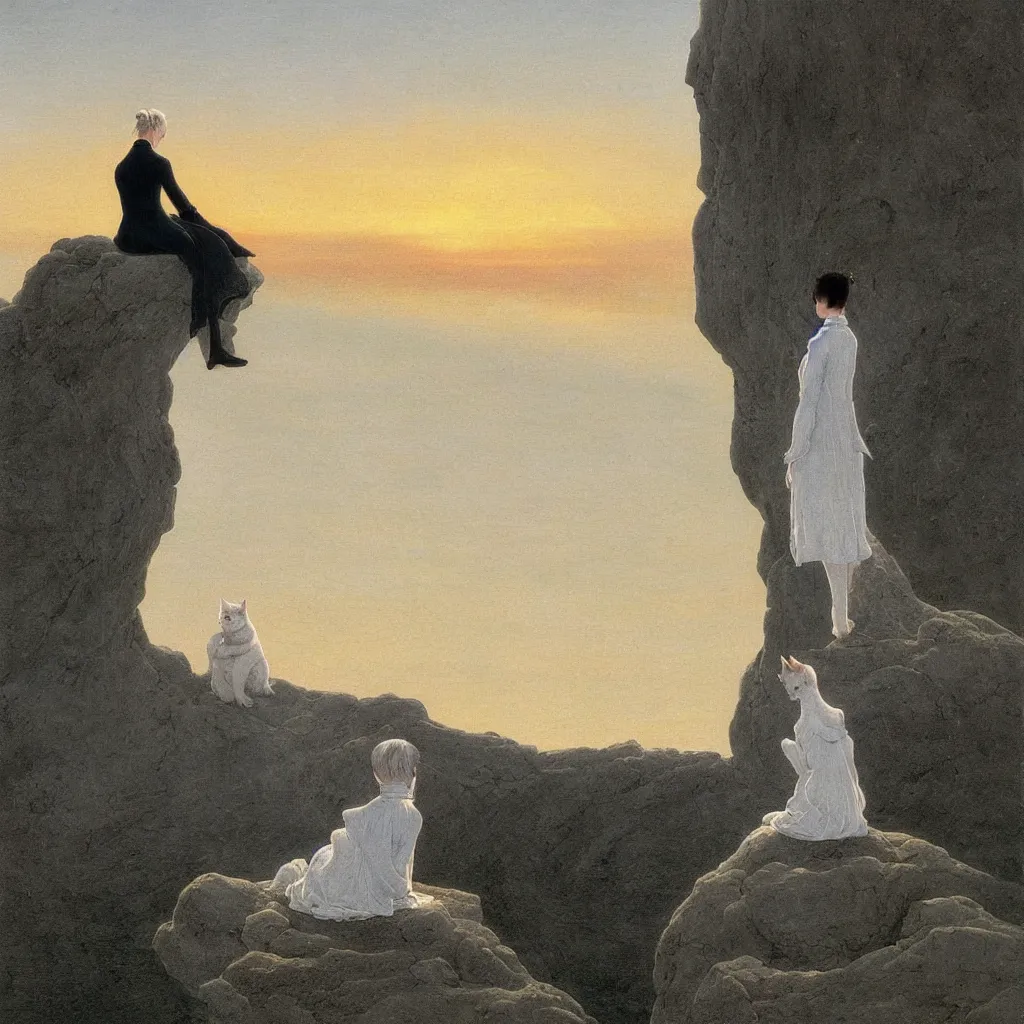 Prompt: an android girl with a white cat by caspar david friedrich, in the sunset ， sitting on the edge of the cliff looking at the sea ， clean, pure, elegant, highly detailed, digital painting, artstation, concept art, smooth, sharp focus, illustration,