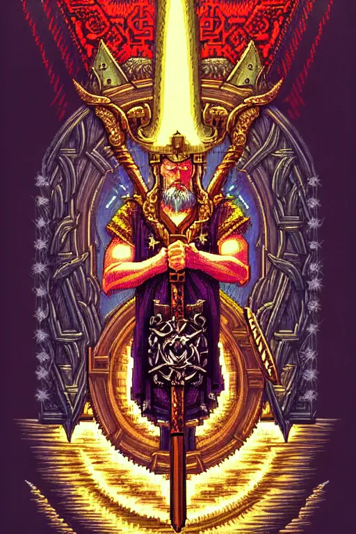 Image similar to odin wielding the divine lance, beautiful detailed pixelart by albertov, intricate details, beautiful, dithered gradients, volumetric lighting, cgsociety, artstation, smooth, sharp focus, 2 d illustration, amazing art by dan mumford, old school computer game graphics, crpg, d & d, pixel art