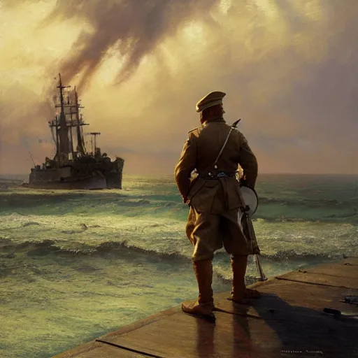 Image similar to detailed cinematic wide shot of swedish sea captain back view seeing his world war 2 battle ship attacking denmark, ultra realistic, spring light, painting by gaston bussiere, craig mullins, j. c. leyendecker