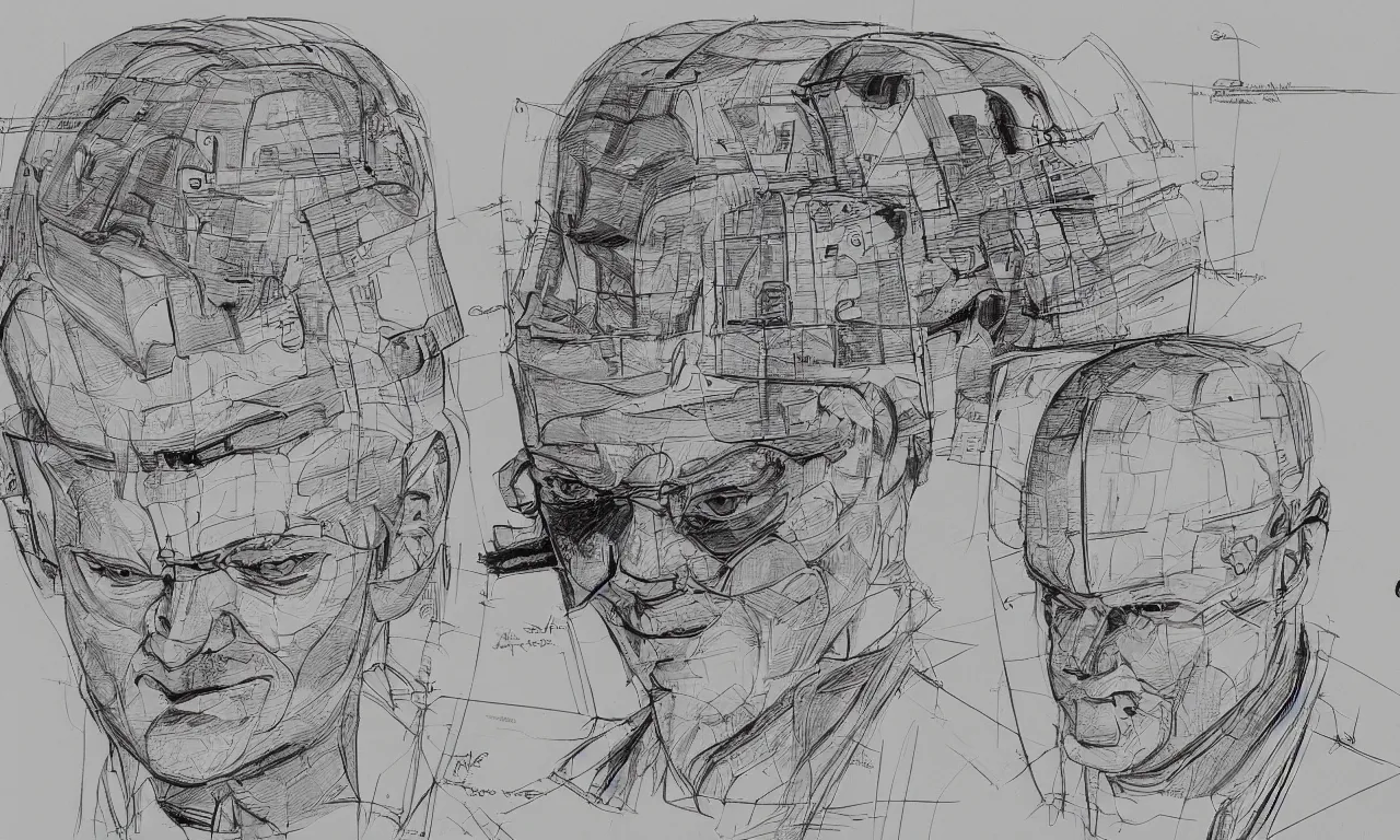 Image similar to annotated highly - detailed and intricate 4 5 degree isometric cross - section of kelsey grammer's head + marker concept art style rendering + half blueprint + tetrachromacy + john berkey + vincent di fate + ralph mcquarrie + center frame : : annotations : : crane : : - 1
