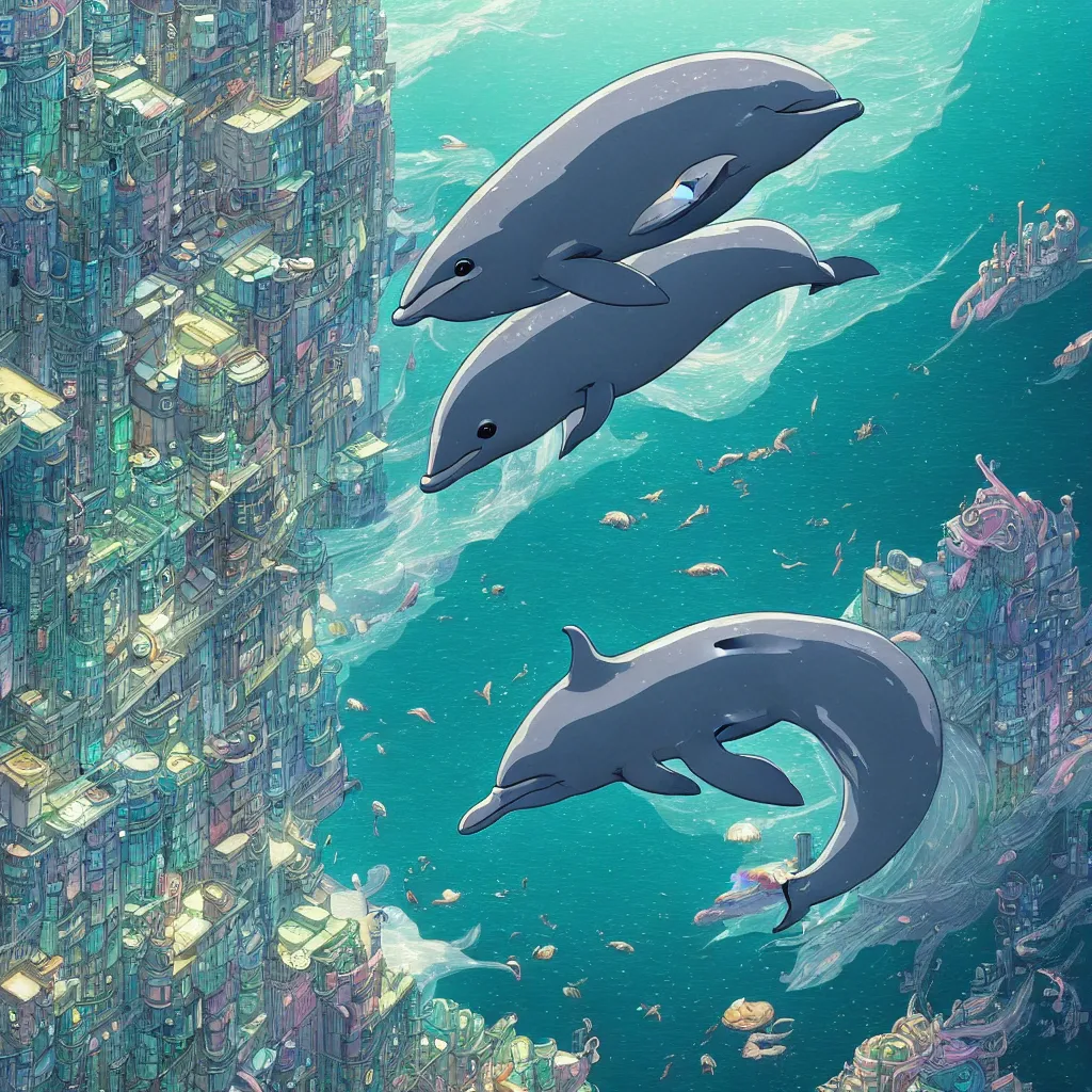 Image similar to a beautiful hyperdetailed character design 4 k wallpaper illustration of a cute dolphin, city by the sea, victo ngai cyberpunk style, from china, style of studio ghibli, makoto shinkai, raphael lacoste, louis comfort tiffany, artgerm, james jean, ross tran, chinese style