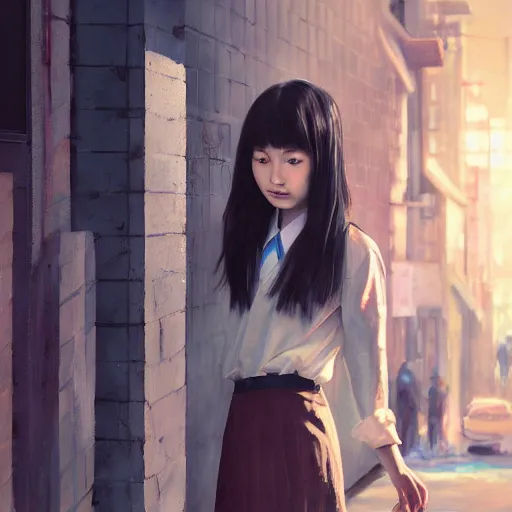 Image similar to a perfect, realistic professional oil painting of a Japanese schoolgirl posing in a dystopian alleyway, close-up, by a professional American senior artist on ArtStation, a high-quality hollywood-style concept