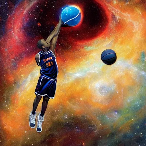 Image similar to cosmic basketball player dunking a basketball hoop in a nebula, an oil painting, by ( leonardo da vinci ) and greg rutkowski and rafal olbinski and ross tran, award - winning magazine cover