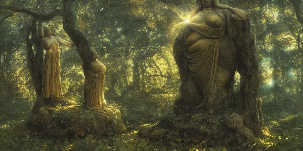 Image similar to Ancient statue lost in the heart of the forest depicting to the chubby ancient goddess of earth and trees wearing silks and leaves | dramatic light | cinematic lighting | sunshafts, volumetric lighting | golden hour | style of donato giancola