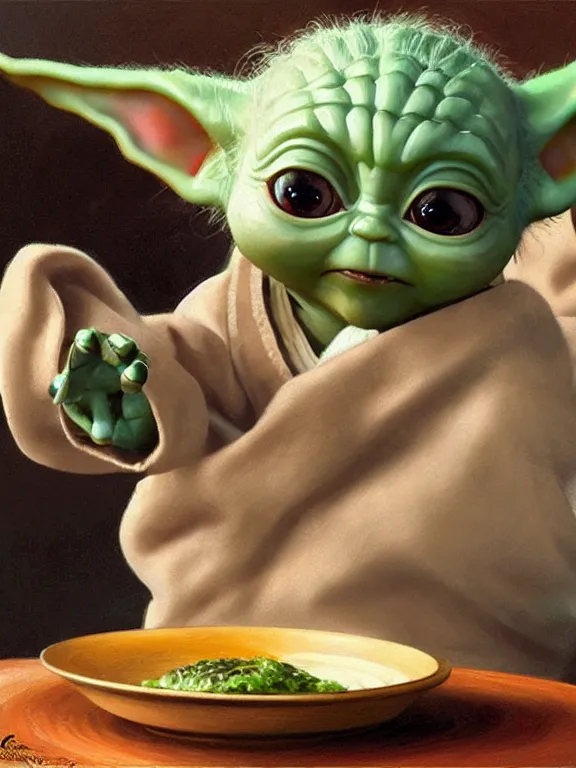 Image similar to A ultradetailed beautiful panting of baby yoda in front of a plate filled with a perfectly cooked risotto with melted parmesan, oil panting, high resolution 4K, by Ilya Kuvshinov, Greg Rutkowski and Makoto Shinkai