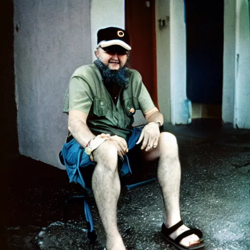 Image similar to fidel castro wearing denim shorts, full body portrait, 3 5 mm film, by nan goldin