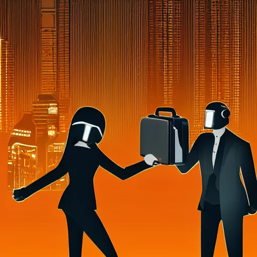 Image similar to two secret agents handing over a briefcase, detailed digital illustration, cyberpunk, nighttime