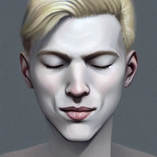Prompt: A pregnant blond androgynous man with closed eyes smiling, very detailed sharp angular pale white masculine face, (12x) extremely pale white skin, hooked nose and square jaw long fluffy curly blond hair, light blond hair, gorgeous, beautiful, intricate, highly detailed, digital painting, artstation, concept art, sharp focus, illustration, art by greg rutkowski and alphonse mucha
