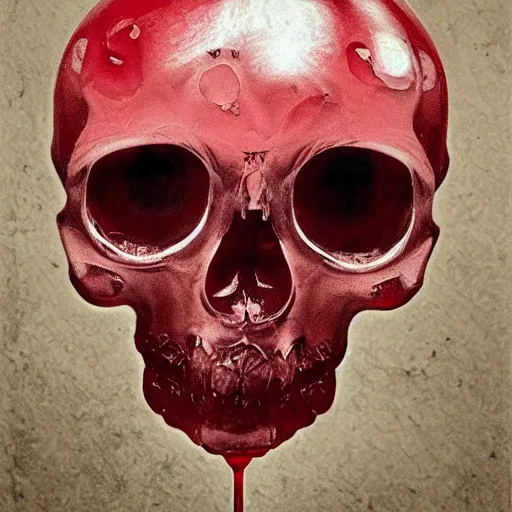 Prompt: transparent red liquid dripping inside in a transparent skull, alexander jansson