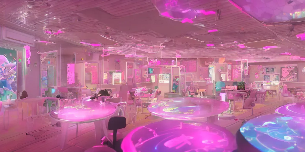 Prompt: kawaii gaming cafe in daylight, overwatch, Pink pastel, pink neon lights, Little planet, An Odyssey Beyond Reality, cinematic, hyper realism, high detail, octane render, unreal engine, 8k, vibrant color, from the spirals of galaxies to the hexagonal shapes of snow crystals!, a desolate alien world full of rich colors!!, unique architecture, by andrea chiampo and chet zar