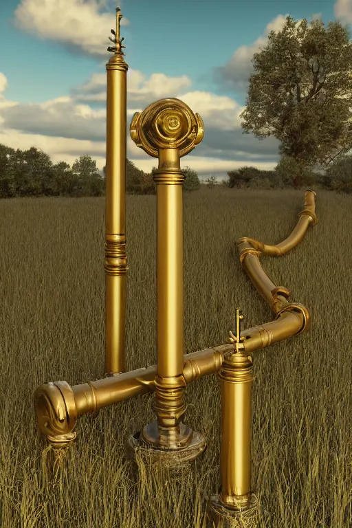 Image similar to a detailed render of an isolated lonely marble pipe organ in a church, with large golden pipes, in the middle of a field, supported by a lone stone column, trending on artstation, render, 3 d, octane, 4 k, 8 k, unreal engine, cinema 4 d