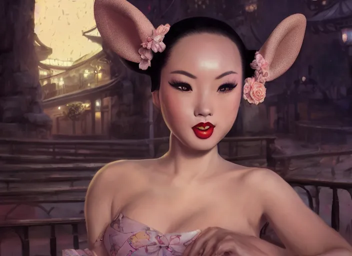 Prompt: beautiful bald chinese woman with pinup girl makeup at disneyland wearing mouse ears, night, epic cinematic hyperrealism masterpiece, realistic poster with shaded lighting by craig mallismo, artgerm, jeremy lipkin and michael garmash, unreal engine, radiant light, detailed and complex environment, octane photoreal 3 d render, art station trends