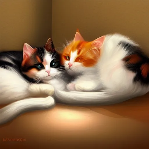 Prompt: two cute calico cats sleeping inside a cozy home in the evening, two multi - colored calico cats, artstation, cgsociety, storybook art