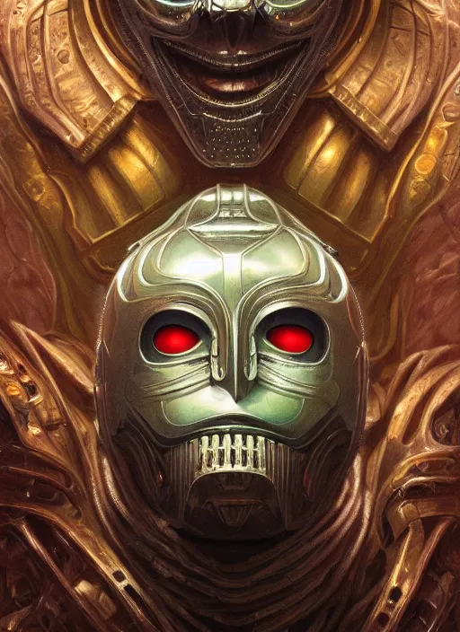 Image similar to haunted mf doom with glowing spectral eyes, metallic shiny skin. intricate, elegant, highly detailed, centered, digital painting, artstation, concept art, smooth, sharp focus, illustration, artgerm, tomasz alen kopera, peter mohrbacher, donato giancola, joseph christian leyendecker, wlop, frank frazetta