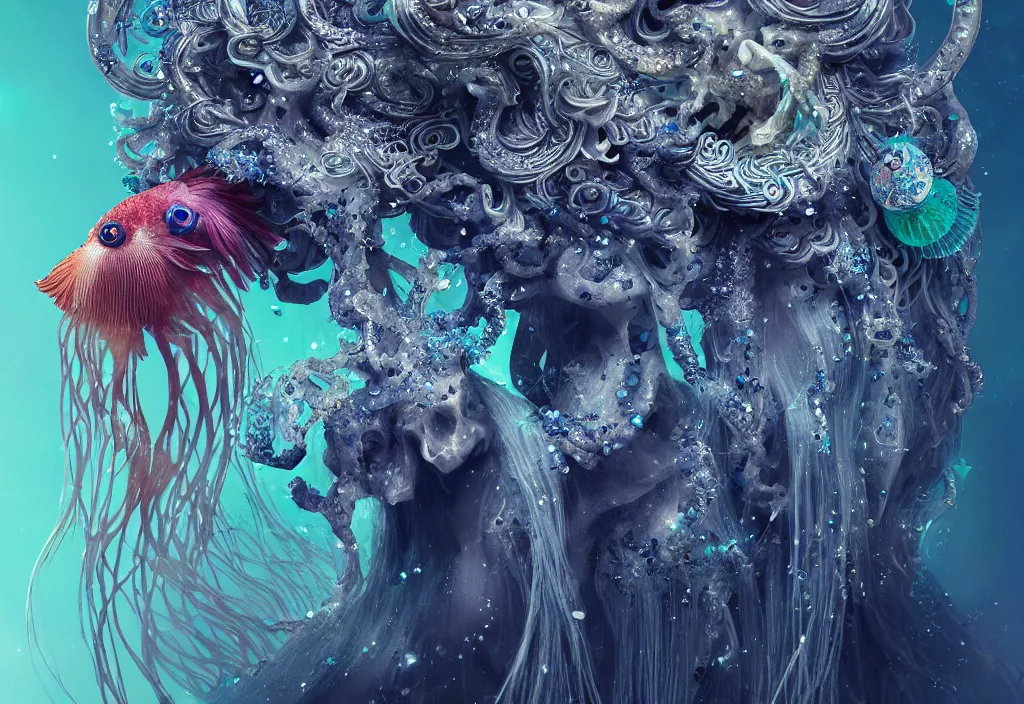 Image similar to isis goddess macro close - up portrait with crown made of ram skull + betta fish + jellyfish, bioluminiscent, plasma, wind, creature, super intricate ornaments artwork by tooth wu and wlop and beeple and greg rutkowski