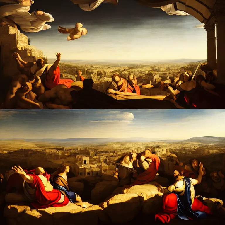 Prompt: God watching a battle from the top of a hill in Jerusalem, dreamy atmosphere, symmetrical baroque painting, perfect composition, beautiful detailed intricate octane highly detailed trending on Artstation, 8K fine art photography, photorealistic, perfect light soft natural volumetric cinematographic, chiaroscuro, award-winning photography, masterpiece, Raphael, Caravaggio, Greg Rutkowski, Beeple