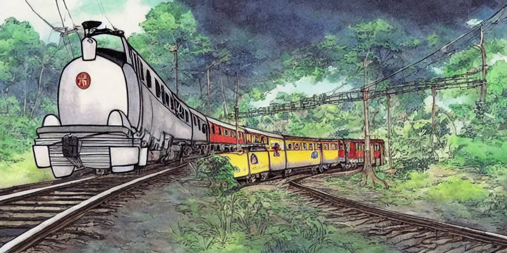 Image similar to sri lankan train, drawn by hayao miyazaki