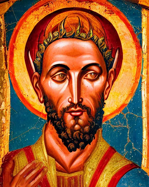 Image similar to byzantine fresco of demonic aloysius stepinac with bright orange eyes and demonic horns, sun ray, shaft of light, vivid colors, high production value, intricate details, high resolution, hyperrealistic, hdr, high definition, masterpiece, ultra realistic, highly detailed, hd, sharp focus, non blurry, sharp, smooth