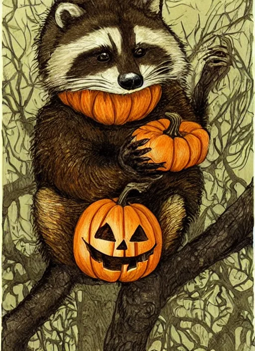 Image similar to halloween pumpkin in the shape of a raccoon by Rebecca Guay art, high quality, highly detailed,