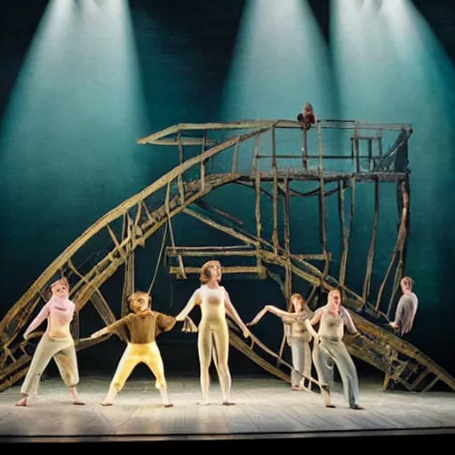 Image similar to award winning Production photo of Jaws the musical on broadway, dancing, singing, costumes by Julie Taymor, set design by Julie Taymor