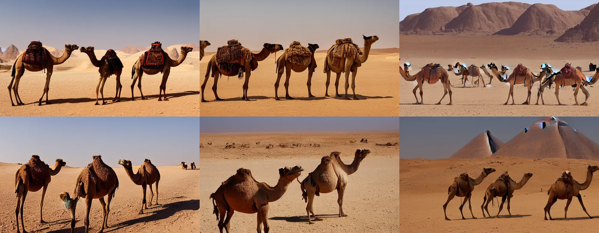 Prompt: Camels in a desert landscape in Egypt