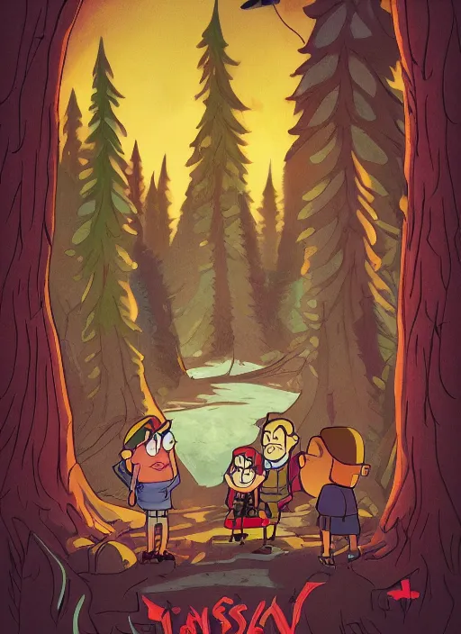 Image similar to Russian bootleg gravity falls poster, dramatic theming, disney animated series, mood lighting, unfortunate, hand painted cartoon art style, brutal, autumn, golden sunset, nostalgia, scenic, with text, 8k, award winning