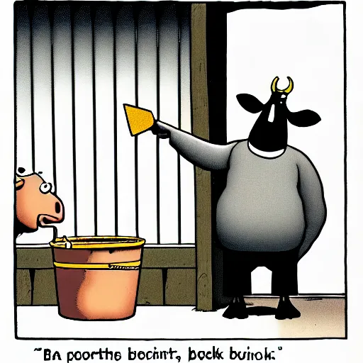 Prompt: a cow points at a bucket, illustrated by gary larson, far side comic, b & w