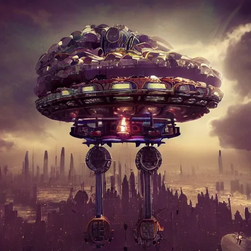 Image similar to flying city in a mechanical flower, sky, symmetry, fantasy art, steampunk, masterpiece, octane