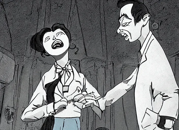 Image similar to still from animated horror movie, animated movie shot, love in denial