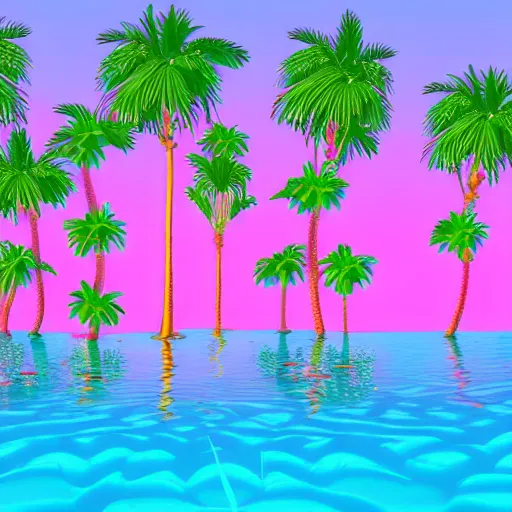 Image similar to illustration of an oasis in a desert, stylized. Hot yellow sand with cyan water with white lines of refraction. Palm trees surround the oasis. Pink blocks are rising out of the water in a row leading from near to far, with vines hanging off them