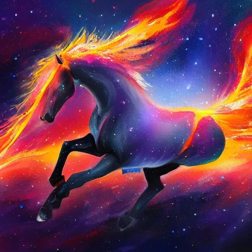 Prompt: horse flying through the cosmos on fire, painting, Artstation
