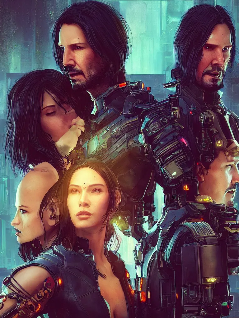 Image similar to a cyberpunk 2077 couple portrait of Keanu Reeves&female android in final kiss,love,film lighting,by Laurie Greasley,Lawrence Alma-Tadema,Dan Mumford,John Wick,Speed,Replicas,artstation,deviantart,FAN ART,full of color,Digital painting,face enhance,highly detailed,8K,octane,golden ratio,cinematic lighting