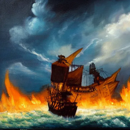 Prompt: pirate ship burning in the sea, at night with storm, oil painting