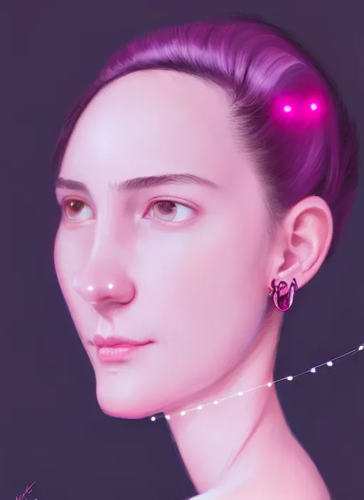 Image similar to portrait of teenage girl, narrow face, black hair, bangs, half updo hairstyle, skinny, smile, unattractive, defined jawline, big chin, wearing pink hair bow, earrings, intricate, elegant, glowing lights, highly detailed, digital painting, artstation, sharp focus, illustration, art by wlop, mars ravelo and greg rutkowski