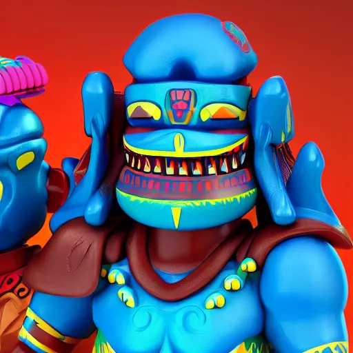 Image similar to closeup 3 d toy aztec gods as funco toy, plastic, sss, octane 4 k render, studio lighting, artstation, cyan photographic backdrop, 8 5 mm, f 2. 8 aperture