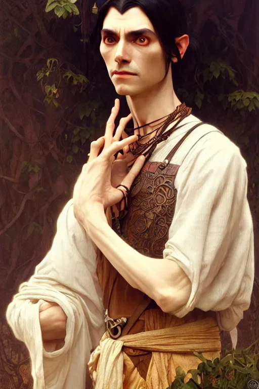 Image similar to ultra realistic, thin man in peasant clothes, black hair, brown eyes, occult jewelry, fantasy, intricate details, eerie, highly detailed, octane render, 8 k, art by artgerm and alphonse mucha and greg rutkowski