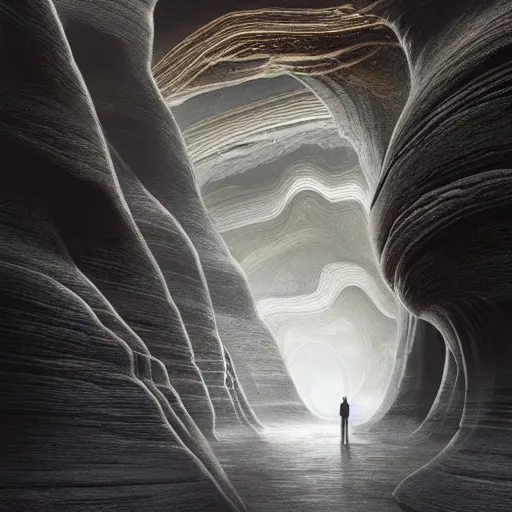 Prompt: light is mine to travel,beyond time ,the cathedrals of carved stone in a canyon grotto of life the beginning ,shiny layered geological strata,ground mist swirling vortexes,granular detail, by Sparth and Greg Rutkowski, hypermaximalist,micro details, 3d sculpture,f32,deep depth of field,cinematic lighting,digital rendering,photographic, wide angle,octane render , 4k, artstation, concept art ,