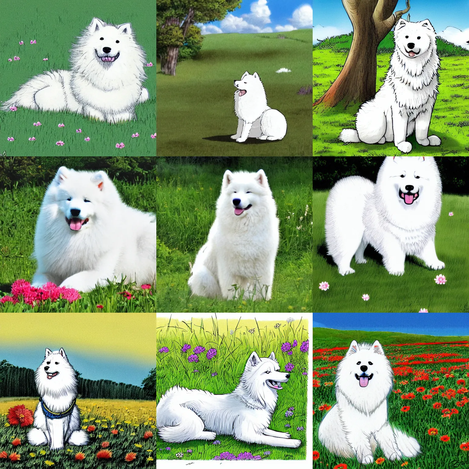 Prompt: a samoyed dog sitting in the middle of sunny meadow, colored, by Eiichiro Oda