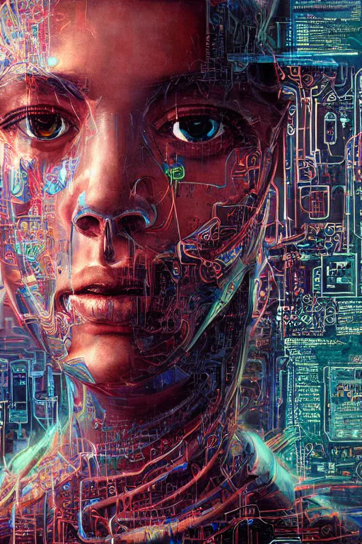 Prompt: portrait of computer & circuits, melting, big tech, 8 k, by tristan eaton, stanley artgermm, tom bagshaw, greg rutkowski, carne griffiths, ayami kojima, beksinski, giger, trending on deviantart, face enhance, hyper detailed, minimalist, cybernetic, android, blade runner, full of colour, super detailed