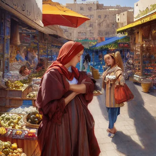 Image similar to a beautiful portrait painting of a couple shopping in a sunny market in north africa, masterpiece by famous artist nasreddine dinet and eugene de blaas and greg rutkowski and artgerm and wlop, path tracing, intricate, elegant, highly detailed, digital painting, artstation, concept art, smooth, sharp focus