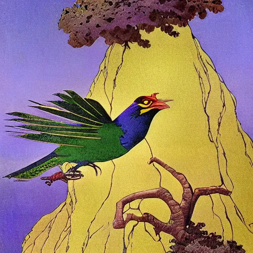 Image similar to by n. c. wyeth psychedelic purple monumental, incredible. a beautiful conceptual art of a bird in its natural habitat. the bird is shown in great detail, with its colorful plumage & intricate patterns. the background is a simple but detailed landscape, with trees, bushes, & a river.