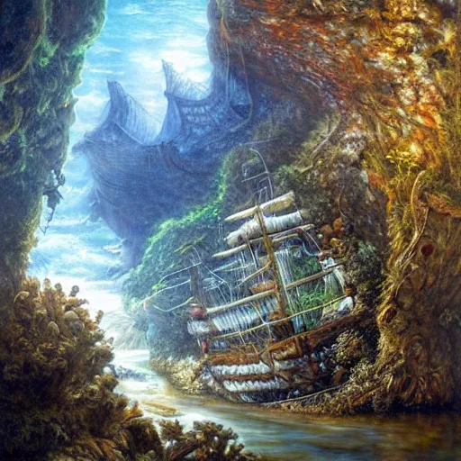 Image similar to a pirateship wreck in a crystal gorge, river running thru the middle, by tomasz alen kopera and Justin Gerard