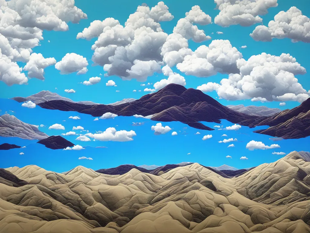 Prompt: hyperrealism general plan composition on the borders of the picture mountains, clouds, trees, sea and waves, empty space in the middle, pop - art style, jacky tsai style, acrylic on canvas