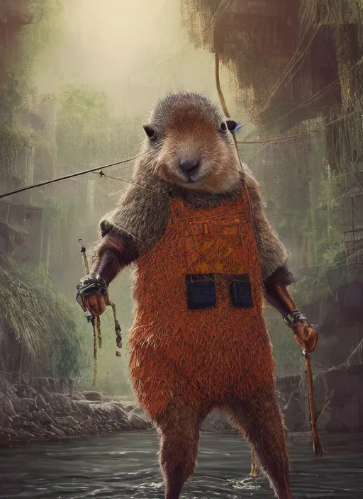 Image similar to detailed full body concept art illustration, soft focus, pastel painting on canvas of an anthropomorphic capybara fisherman in full intricate clothing, biomutant, dystopian, micro detail, octane render, 4K