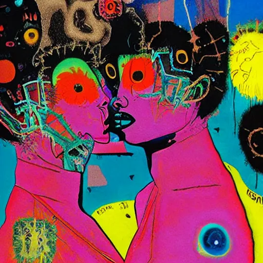 Image similar to beautiful painting of two bizarre psychedelic women kissing each other closeup on an alien planet, speculative evolution, mixed media collage by basquiat and junji ito, magazine collage art, paper collage art, sapphic art, lesbian art