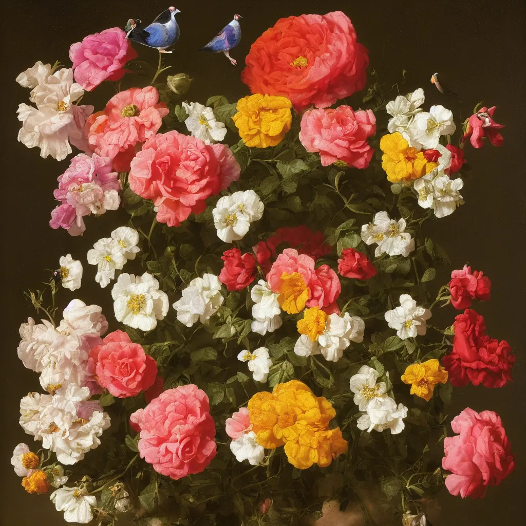 Image similar to a nosegay of roses, marigolds, larkspur and a pigeon by rachel ruysch, 1 6 9 5